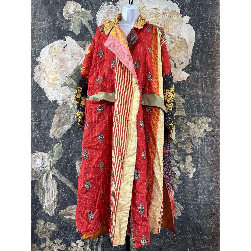 Free People Multicolor Patchwork Trench Coat - Red & Gold Accents - Picture 6 of 8